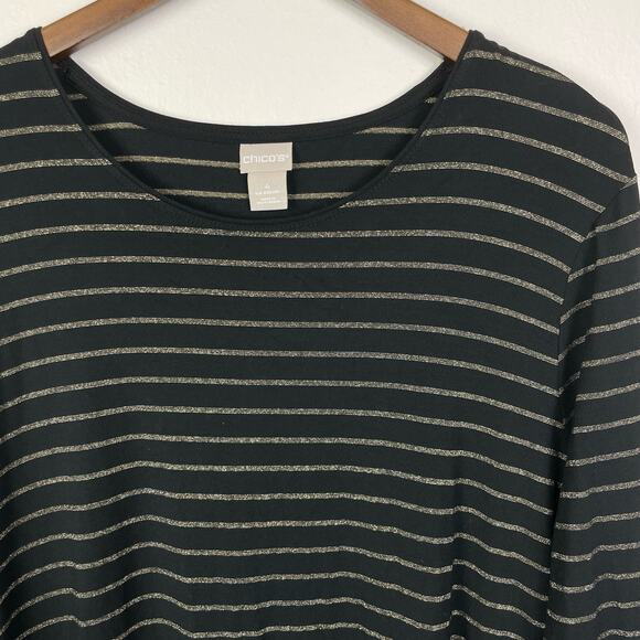 Chico’s | Striped Essential Layer Lurex Top Black & Gold Long Sleeve Stretch Tee - Picture 5 of 10